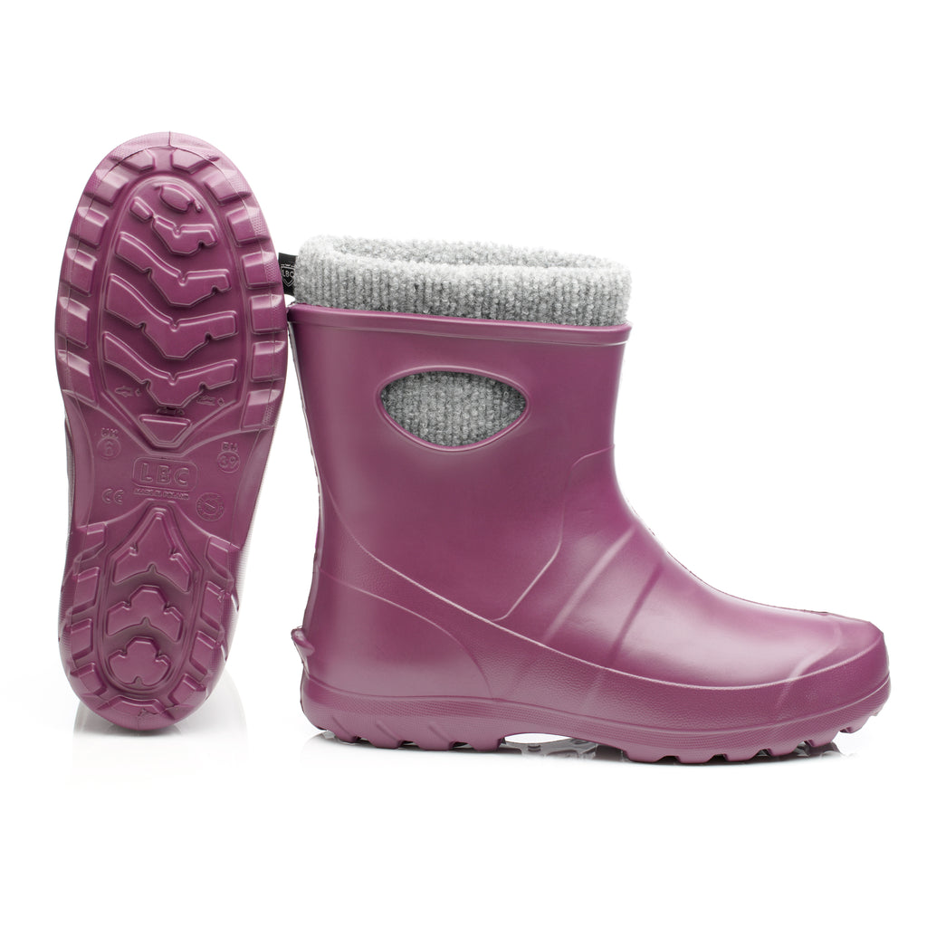 Purple rubber boot with white lining on a white background