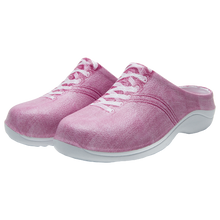 Load image into Gallery viewer, Slip on garden clog with a strawberry pink denim design and laces