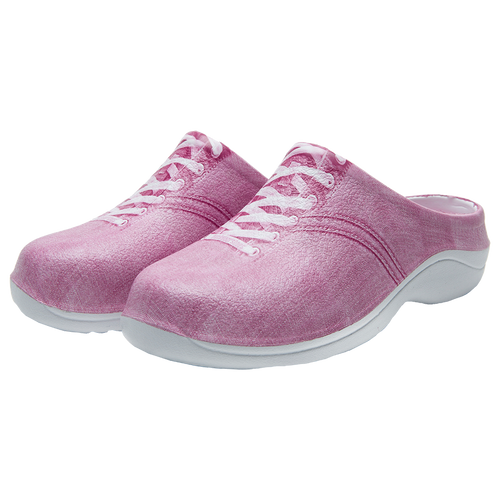 Slip on garden clog with a strawberry pink denim design and laces