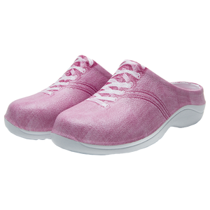 Slip on garden clog with a strawberry pink denim design and laces